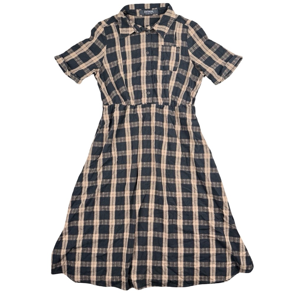 Disturbia Plaid Midi Dress Black Tan Button Front Pockets Grunge US 6 UK 10 - Picture 5 of 10